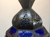 Handcrafted Moroccan Metal and Blue Glass Lantern, Octagonal Shape