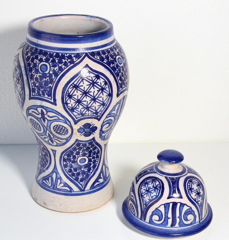 Moroccan Ceramic Blue and White Moorish Jar from Fez 1950s