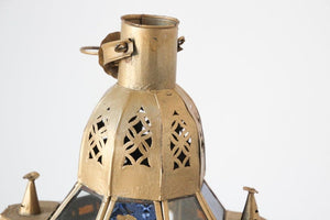 Moroccan Candle Lantern in Moorish Gilt Metal and Glass