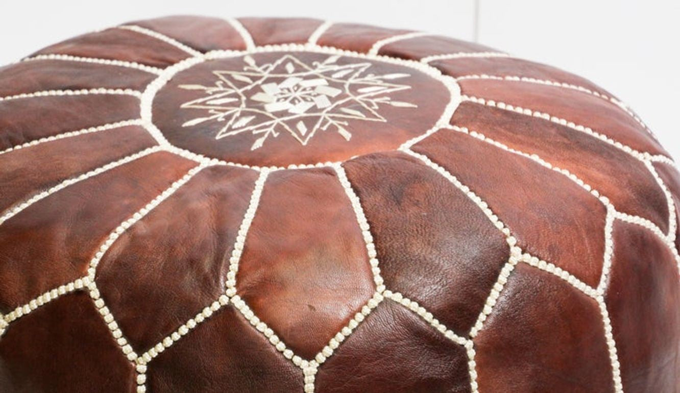 Moroccan Hand Tooled Brown Leather Pouf