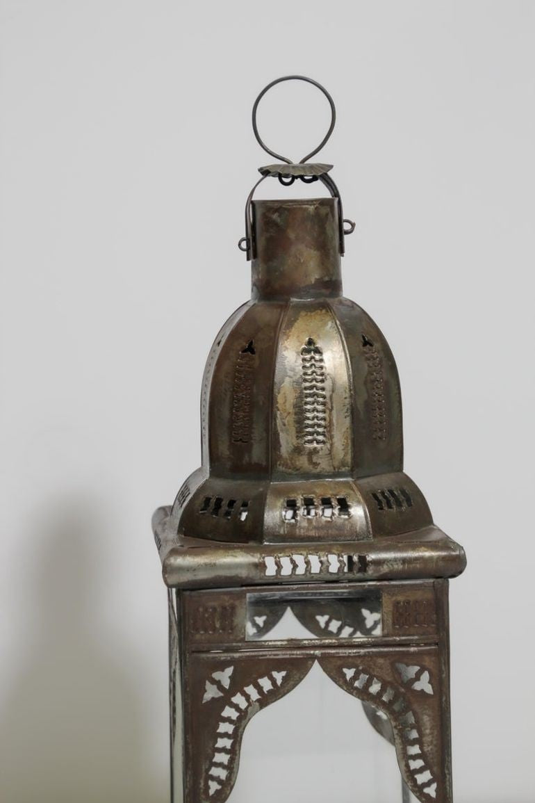 Moroccan Metal Candle Lantern in Moorish Square Metal and Clear Glass