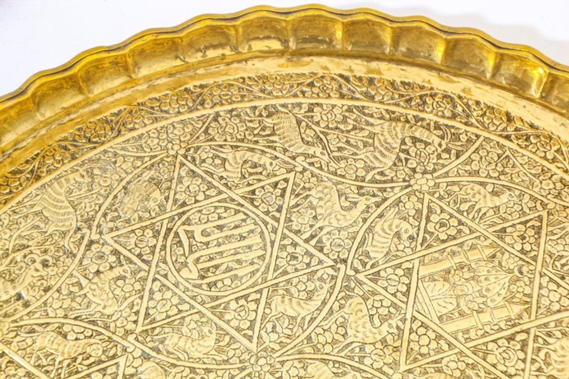 Large Antique Decorative Indo-Persian Mughal Hammered Brass Tray 19th c.