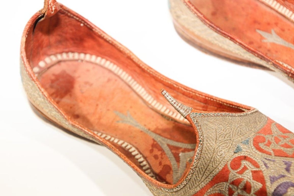 Antique Leather Mughal Shoes with Gold Embroidered