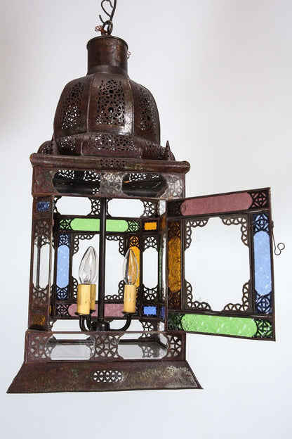 Moroccan Handcrafted Metal and Glass Lantern, Bohemian Style, 1980
