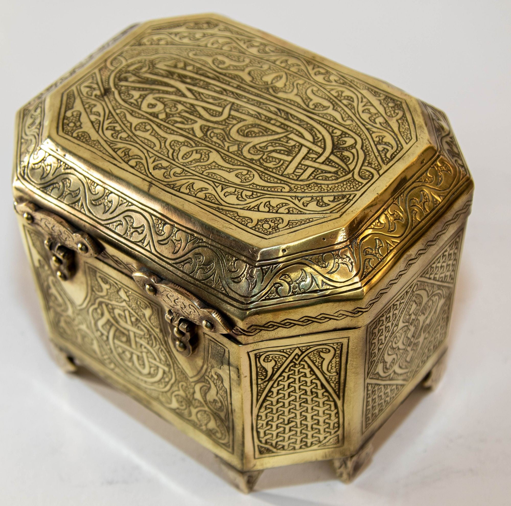 Persian Brass Jewelry Box in Mamluk Revival Damascene Moorish Islamic Style 1920