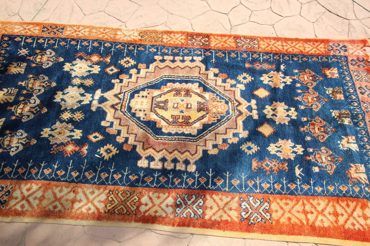1960s Vintage Moroccan Tribal Rug by Berber Artisans, Indigo & Orange