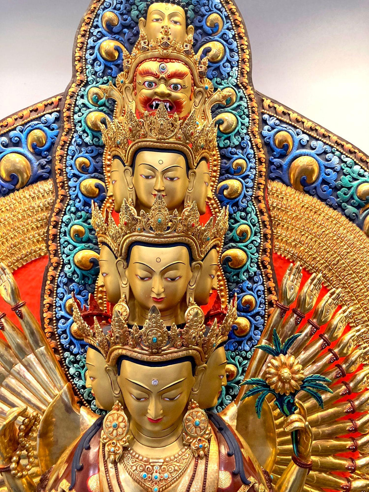 Handcrafted Oversized Gilt and Polychrome Copper Avalokiteshvara Statue, Nepal — detail view 7