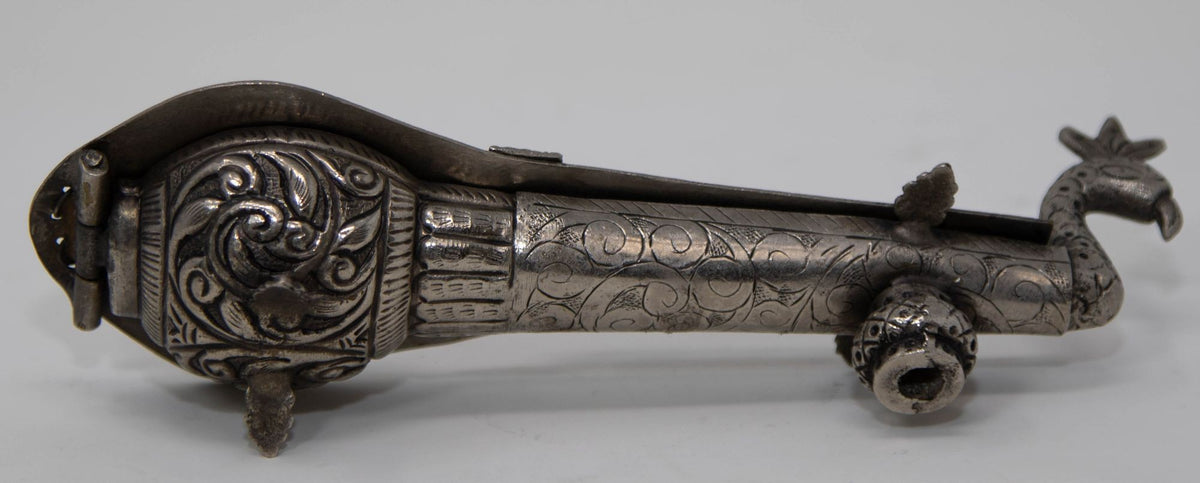 Asian Silver Metal Hand Carved Peacock Sitar Veena Form Box 1950