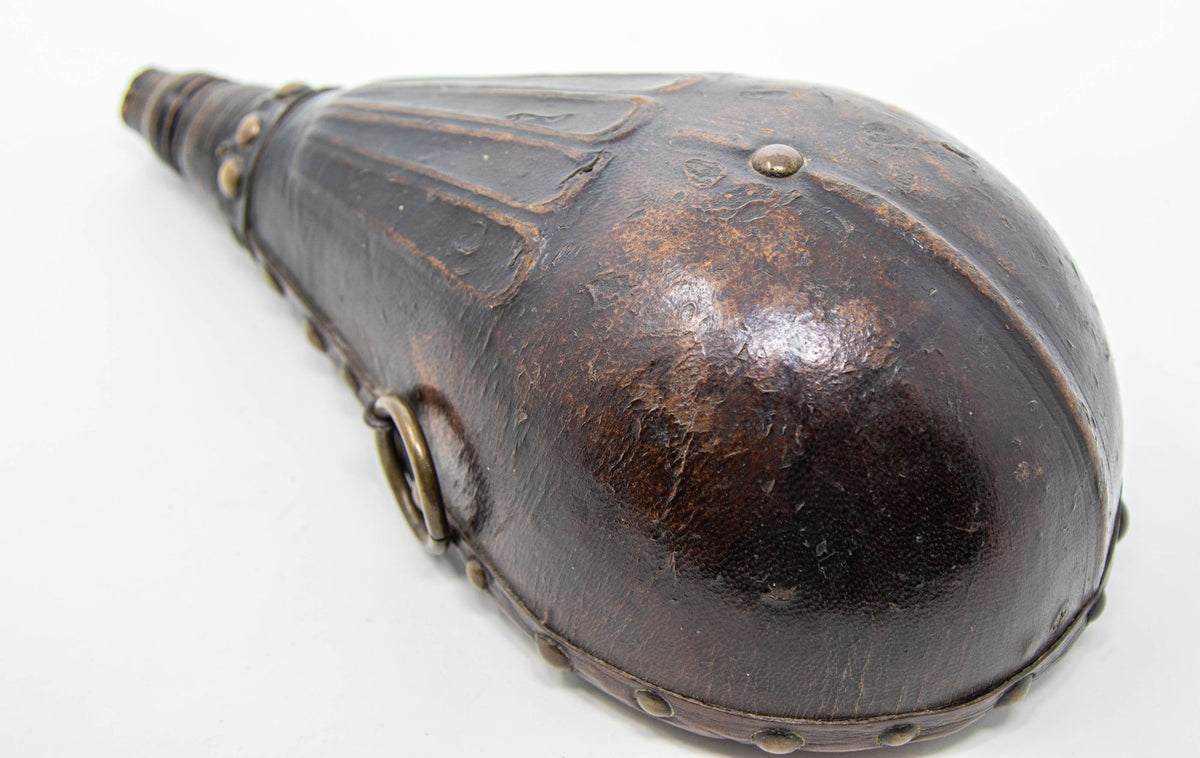 Antique Moroccan Carved Wood and Tooled Leather Powder Flask, 19th Century