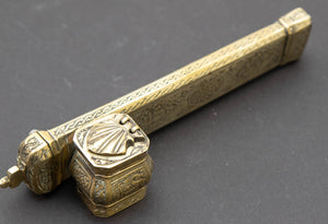 Antique 19th C. Ottoman Turkish Brass Inkwell Qalamdan with Arabic Calligraphy Writing