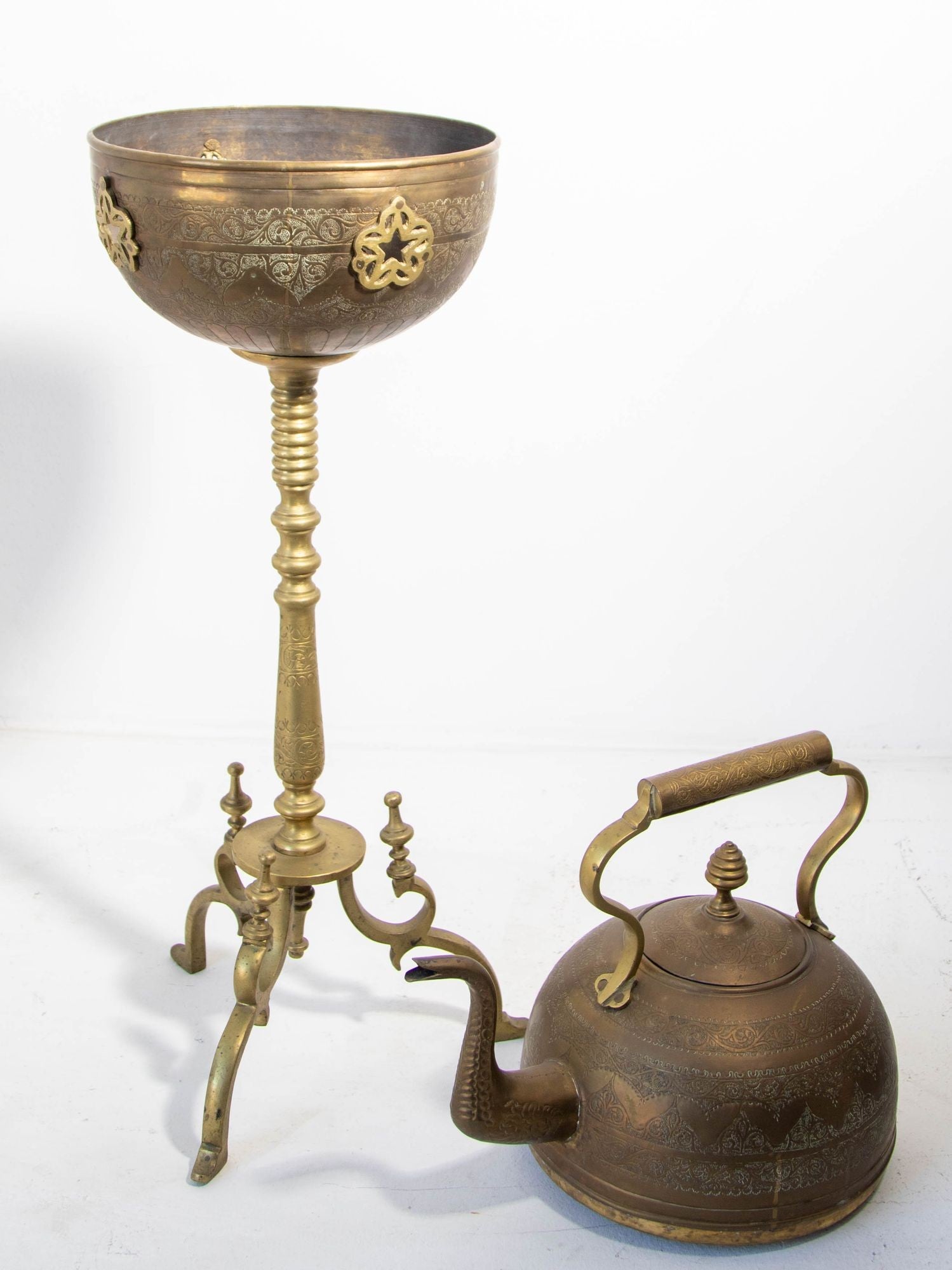 Antique Moroccan Brass Tea Kettle Pot on Stand 1930