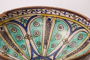 Antique 19th C. Moroccan Ceramic Bowl Polychrome Footed Dish Fez