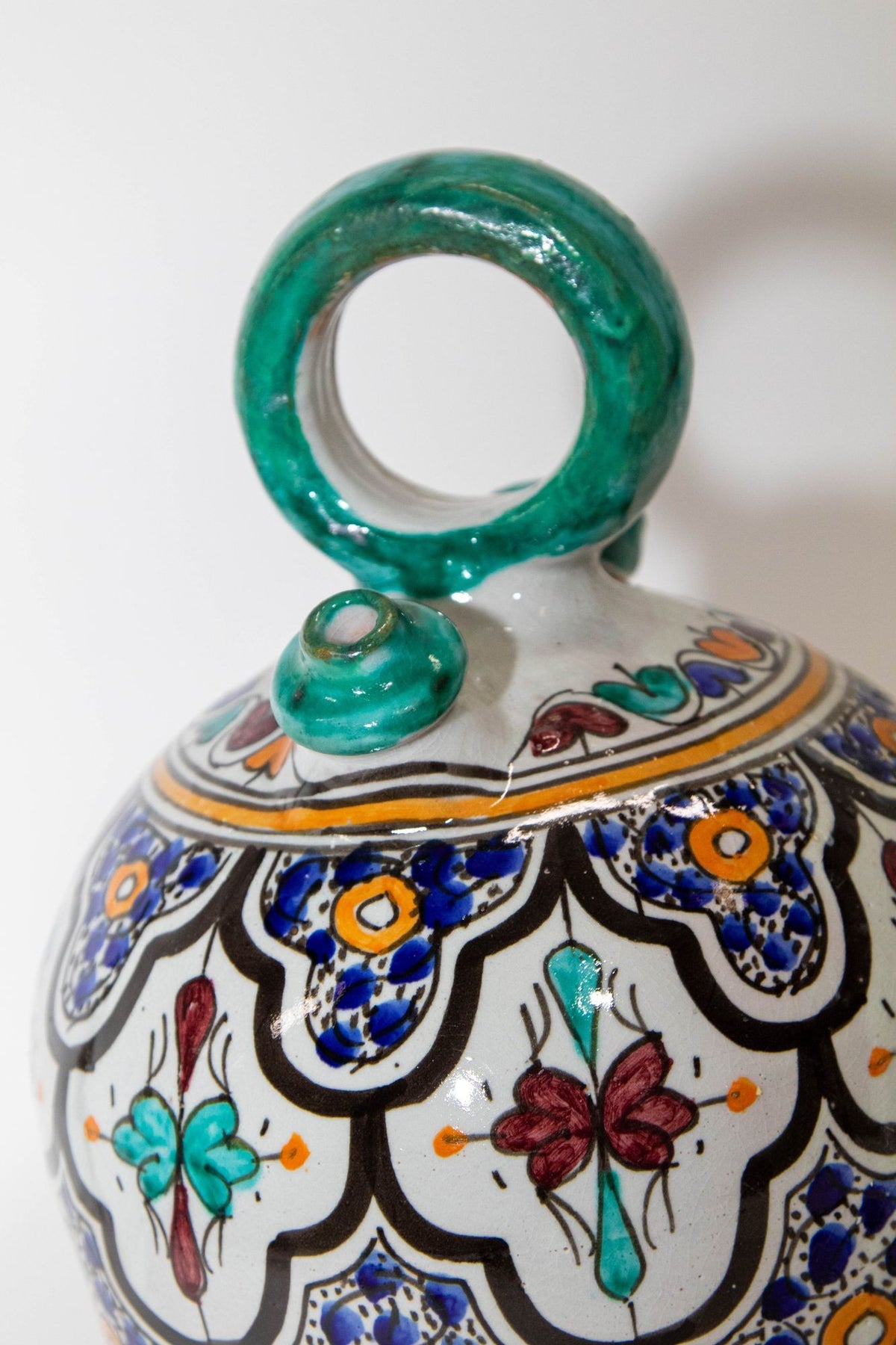 Vintage 1940s Moroccan Fez Polychrome Ceramic Water Moorish Hand-Painted Jug