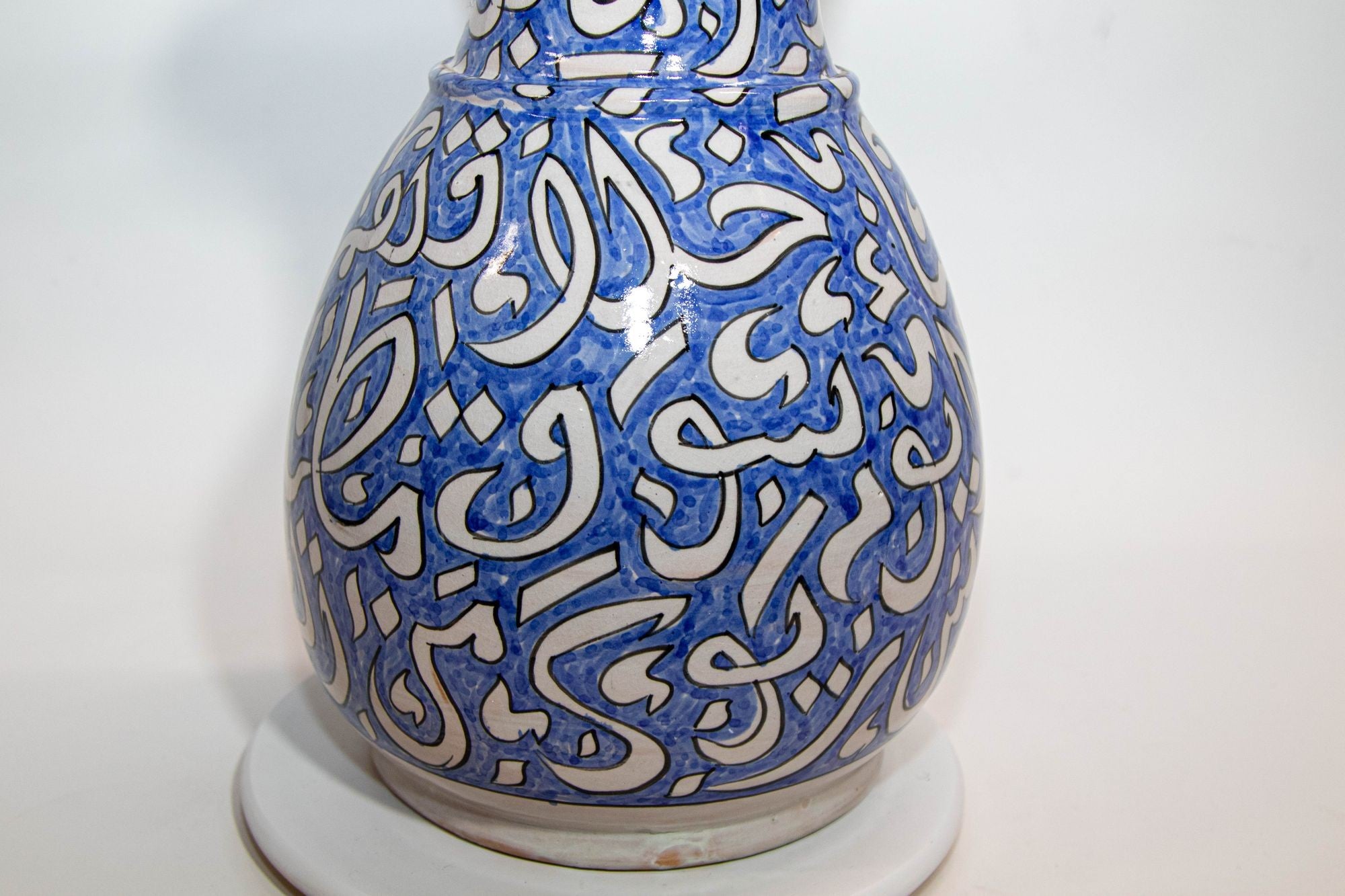 Moroccan Glazed Ceramic Vase with Arabic Blue Writing from Fez Morocco