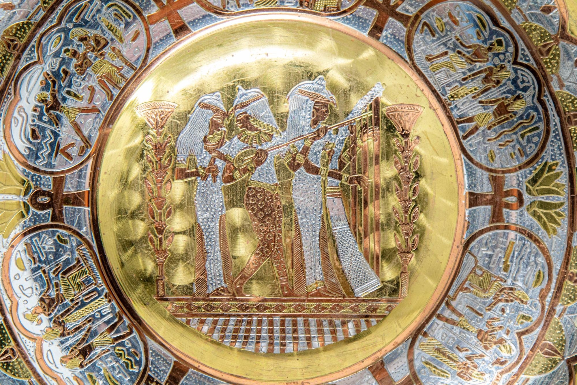 Egyptian Round Brass Tray with Silver and Copper Overlay Wall Hanging 1970