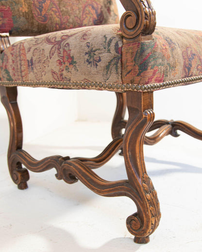 French Baroque Walnut Armchairs with Aubusson Upholstery, Circa 1930 — detail view 8