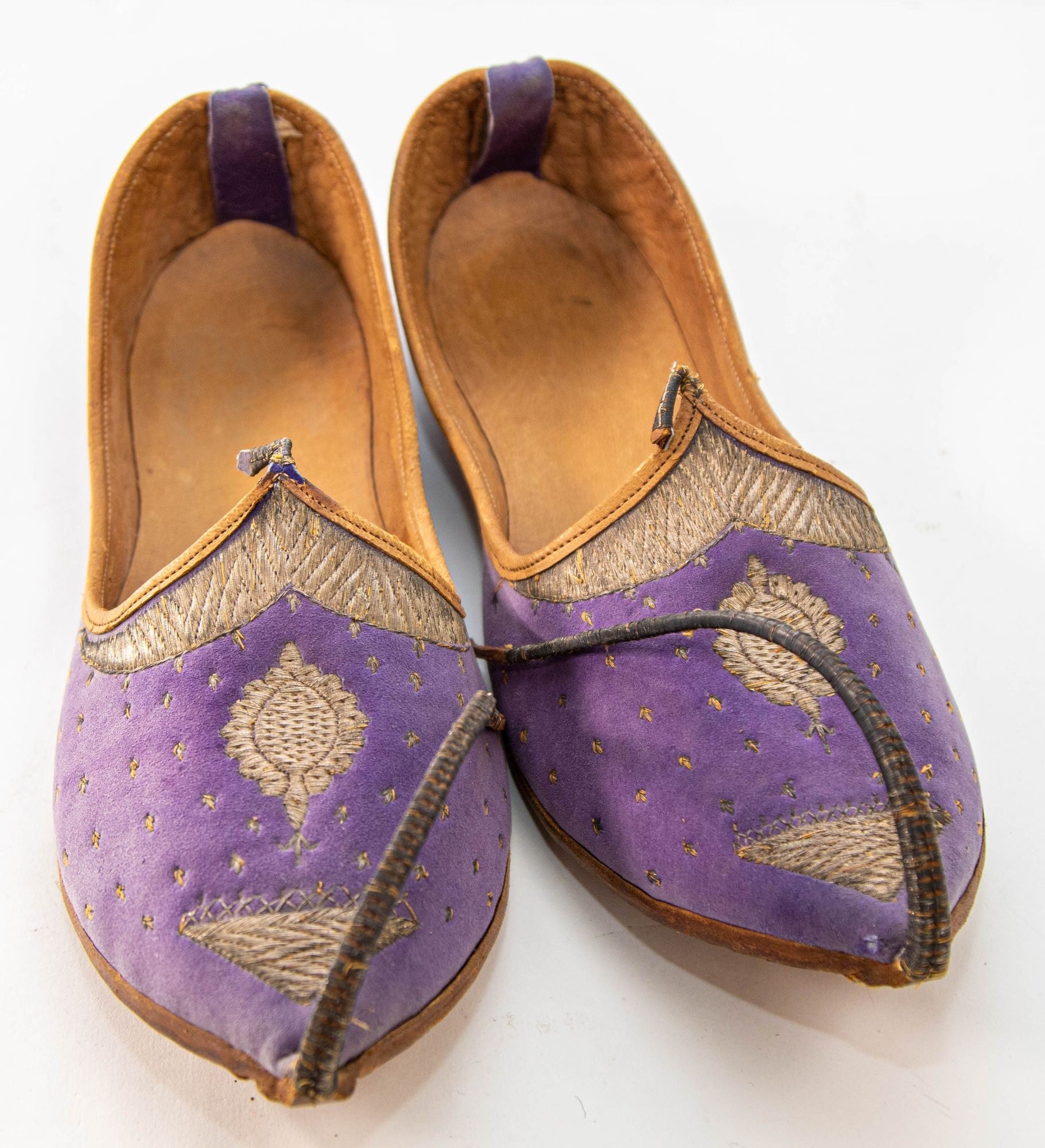 Antique Leather Purple Velvet Suede Mughal Raj Moorish Shoes Gold Embroidered
