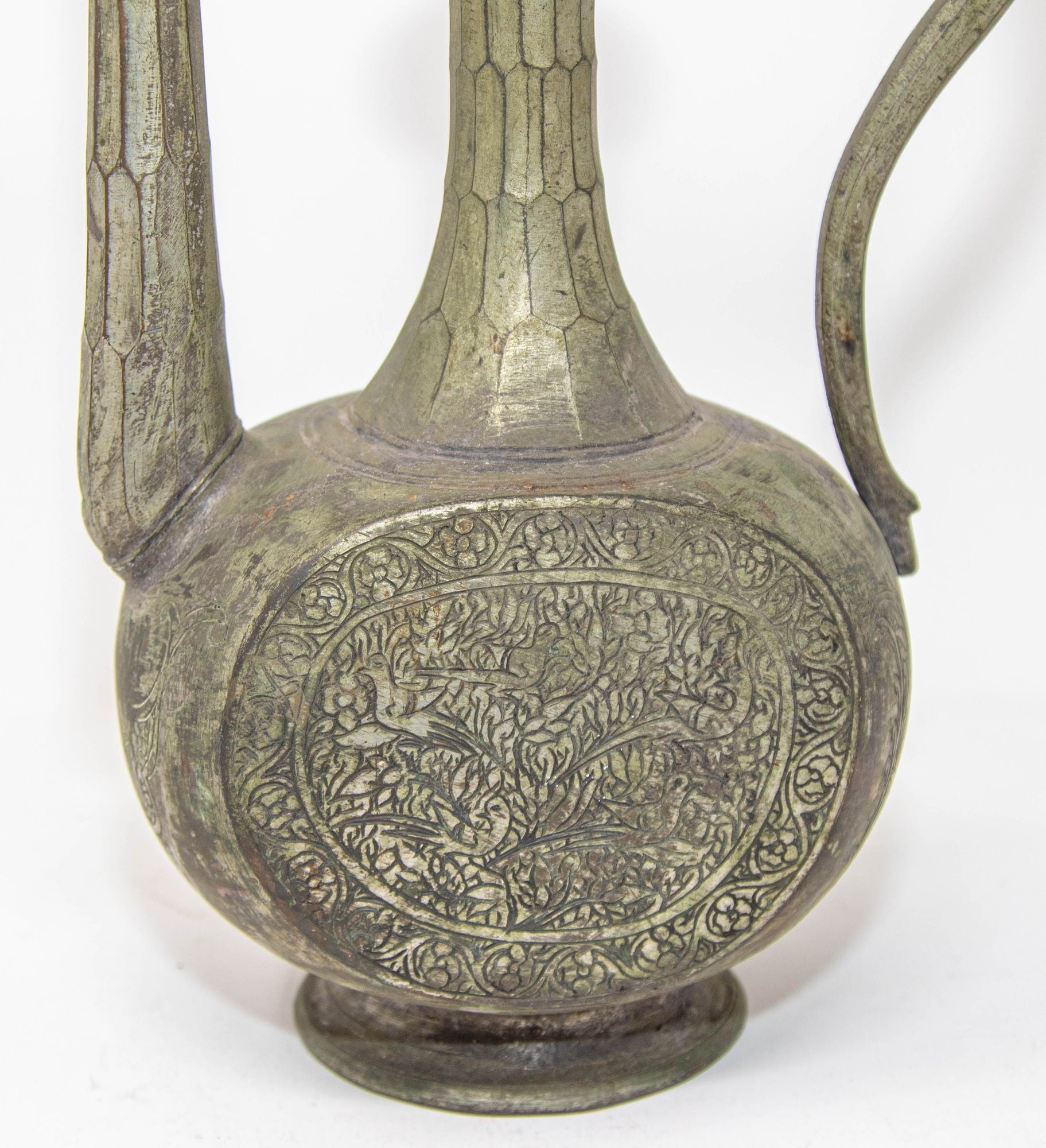 Antique Islamic Middle Eastern Qajar Persian Tinned Metal Ewer 19th Century