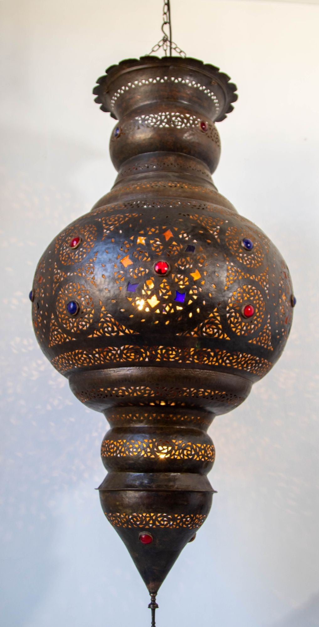 Large Moroccan Moorish Pierced Brass Chandelier with Colored Glass, circa 1940