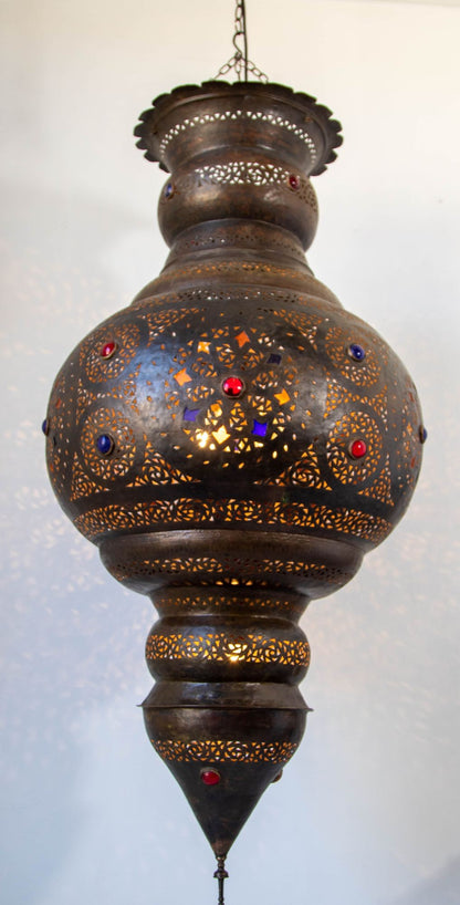 Large Moroccan Moorish Pierced Brass Chandelier with Colored Glass, circa 1940