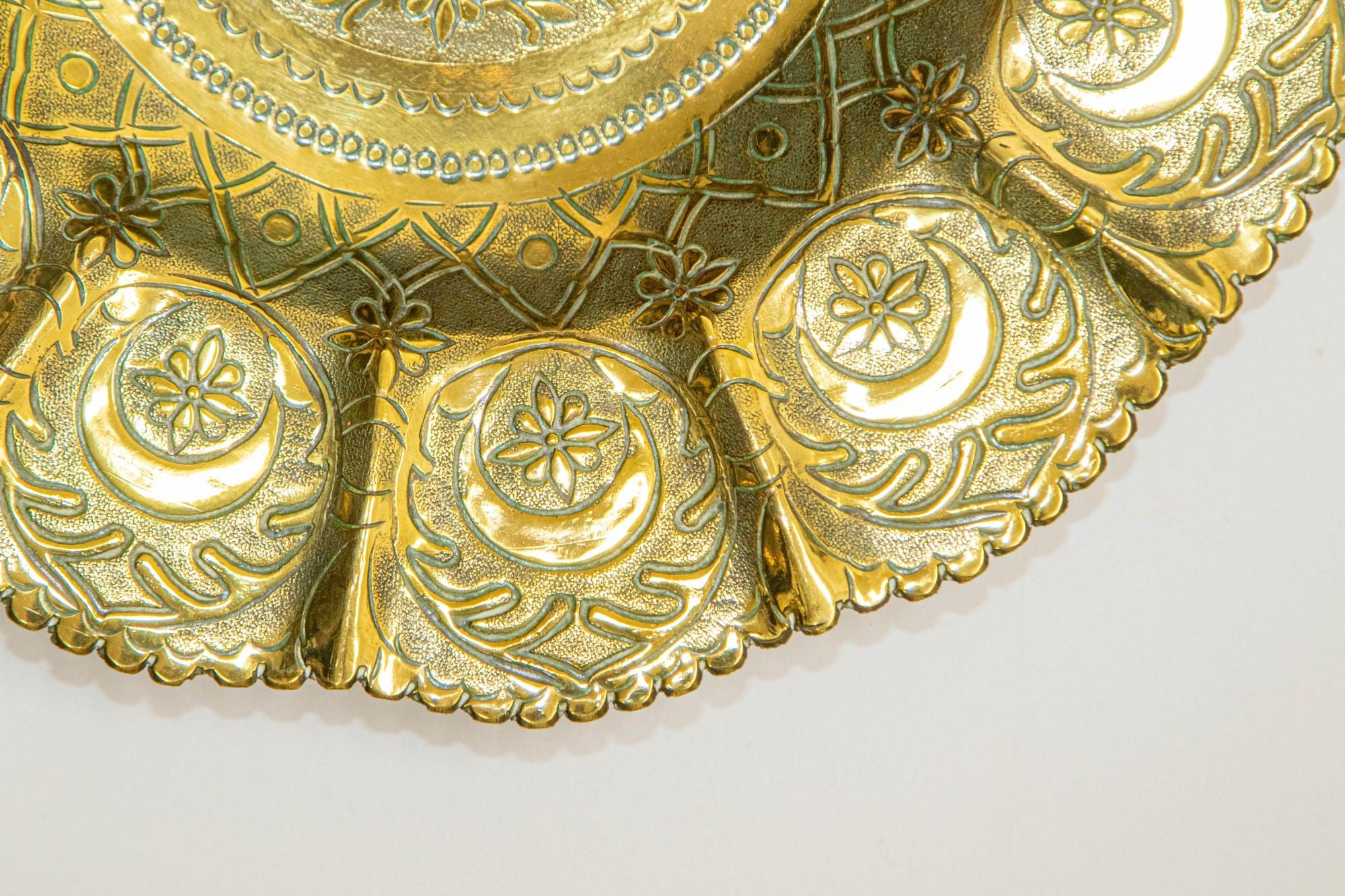 1950s Moroccan Brass Tray with Star and Moon Pattern 13 in. Diameter