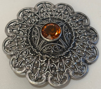 Ottoman Style Turkish Silver Brooch or Veil Pin with Moorish Filigree Lace