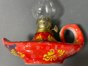 Aladdin style handmade red ceramic Turkish oil lamp