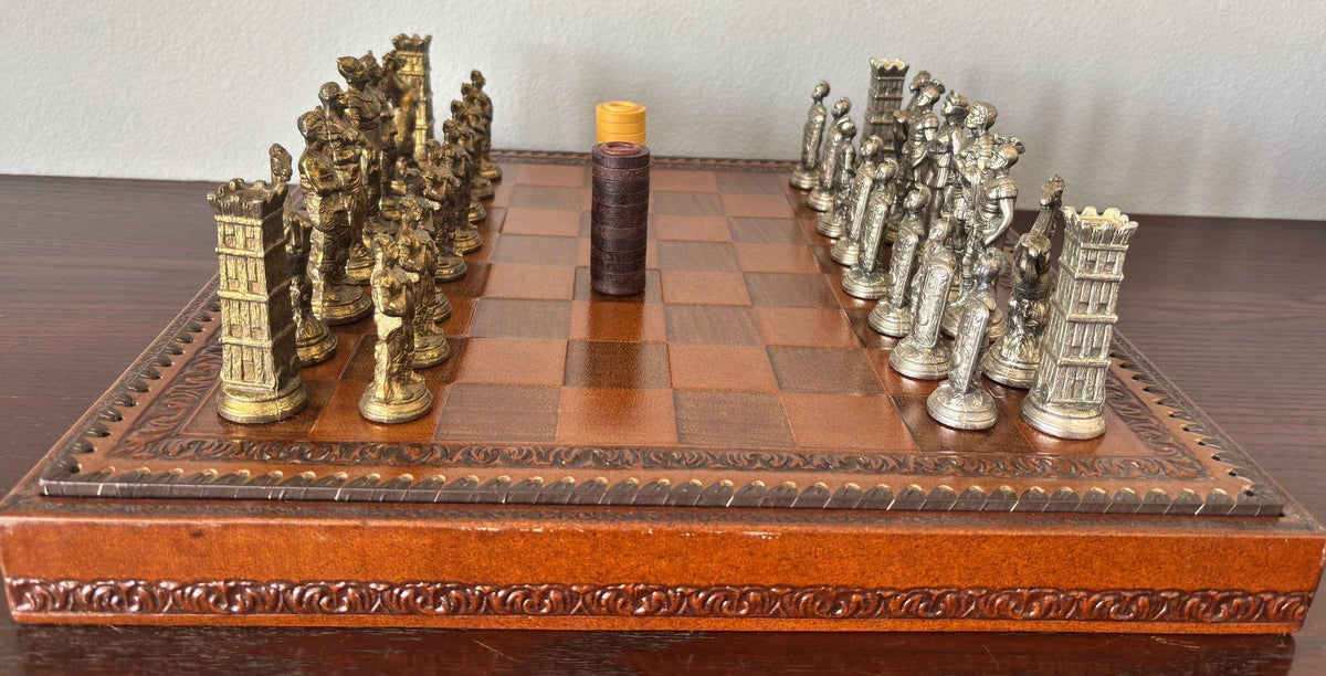 Italian Roman-Style Chess Set Cast Metal and Leather Leather Board Circa 1960 — detail view 8