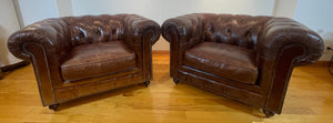 Vintage English Brown Leather Tufted Chesterfield Club Armchairs a Pair