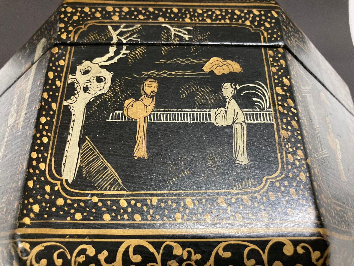 Large Chinese Tea Box Black Lacquered Gilt Hand Painted Octagonal Box 1940s