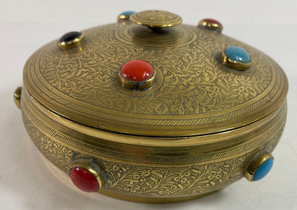 Vintage Moroccan Jewelled Trinket Brass Round Box with Beads