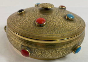 Vintage Moroccan Jewelled Trinket Brass Round Box with Beads