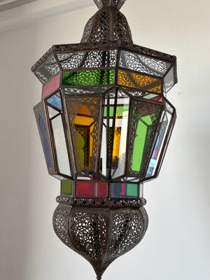 Moroccan Moorish Large Hanging Light Fixture Colored Glass Lantern