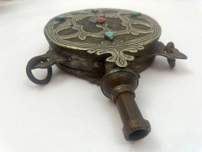 Antique Islamic Arabic Powder Flask, Handcrafted Brass, Morocco, 1920s