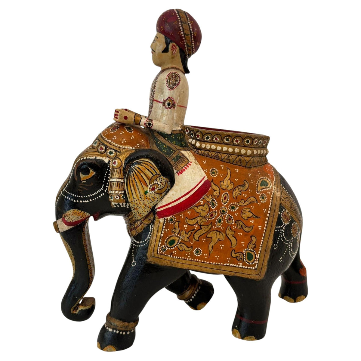 Antique Anglo-Raj Hand-Carved Teak Elephant with Rider Polychrome Sculpture — additional view 9