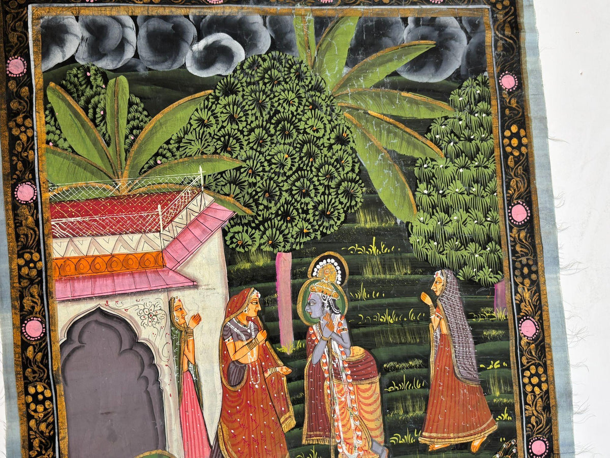 Vintage Rajasthani Krishna & Gopis Gouache and Gold Painting on Cloth — additional view 8