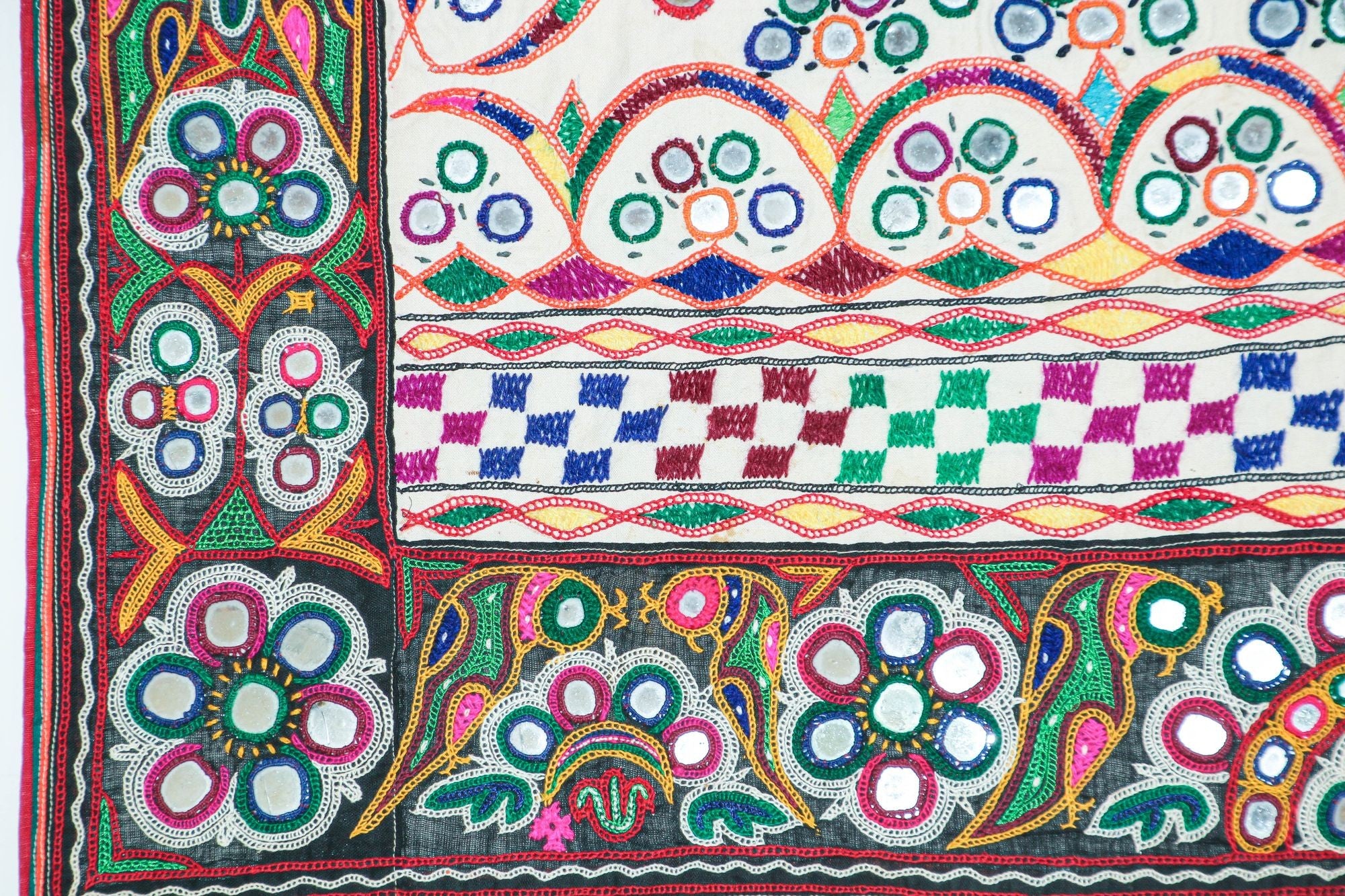 1920's Indian Gujarati Rabari Kutch Silk Embroidered Ethnic Textile with Mirror