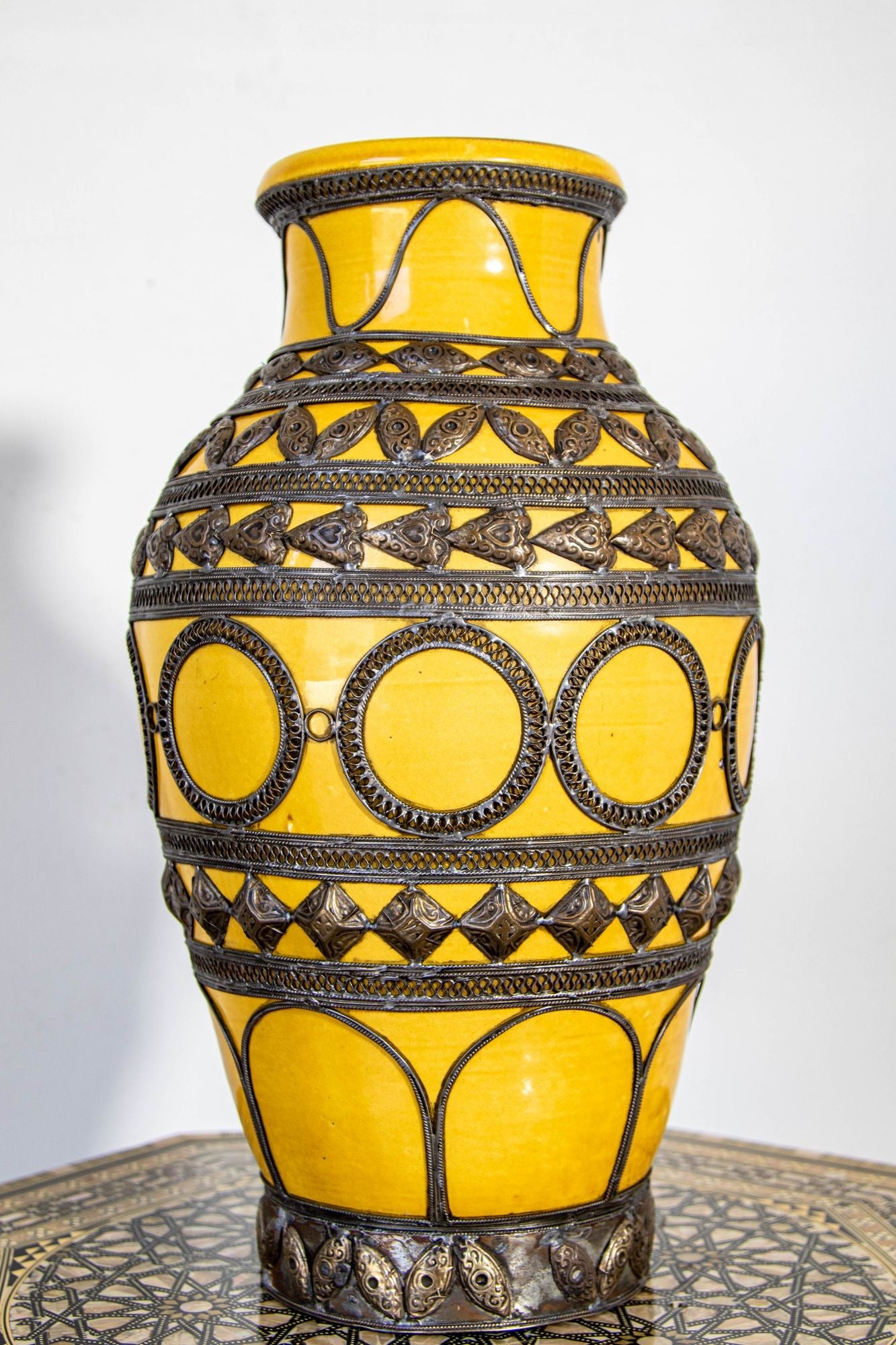 Antique Moroccan Ceramic Vase Bright Yellow with Metal Moorish