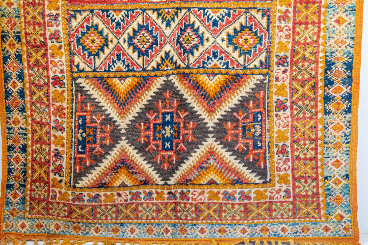 Vintage Moroccan Boujad Berber Rug, Hand-Knotted Wool, Folk Art, 1960s