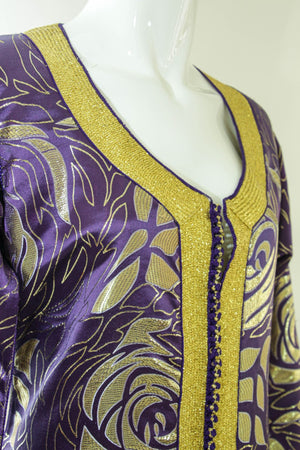 Moroccan Caftan Purple and Gold Damask Embroidered Vintage Kaftan 1960s