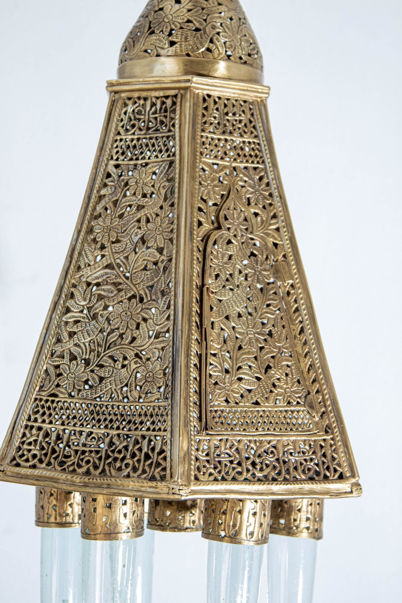 Antique Mamluk Turkish Pierced Brass Hanging Hexagonal Pendant Light Fixture