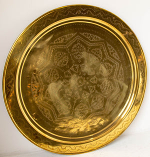 Antique Oversized Round Moroccan Polished Brass Tray Platter 19th C.