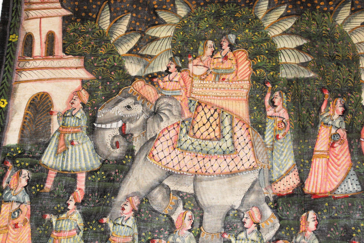 Large Vintage Mughal Raj Silk Painting of a Maharaja Royal Procession — India