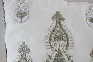 White and Silver Embroidered Mughal Style Throw Pillow