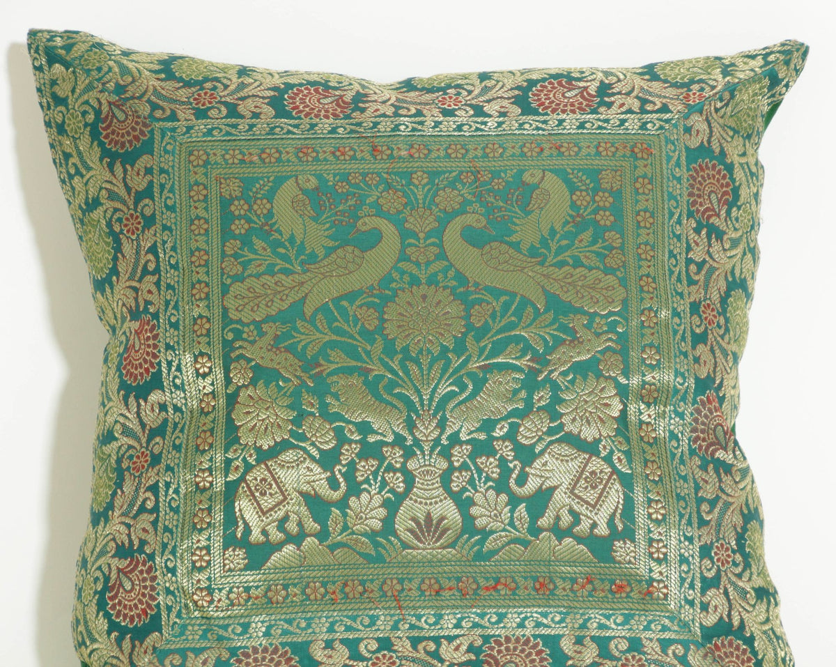 Emerald Green Exotic Silk Throw Pillow with Elephants and Peacocks India