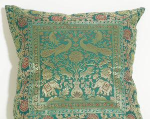 Emerald Green Exotic Silk Throw Pillow with Elephants and Peacocks India