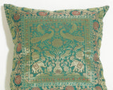 Emerald Green Exotic Silk Throw Pillow with Elephants and Peacocks India