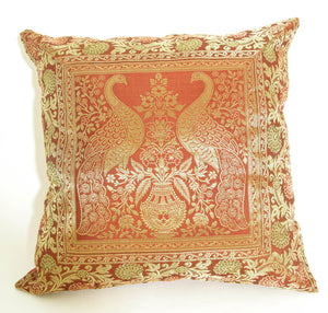 Red Silk Throw Pillow with Elephants and Peacocks India
