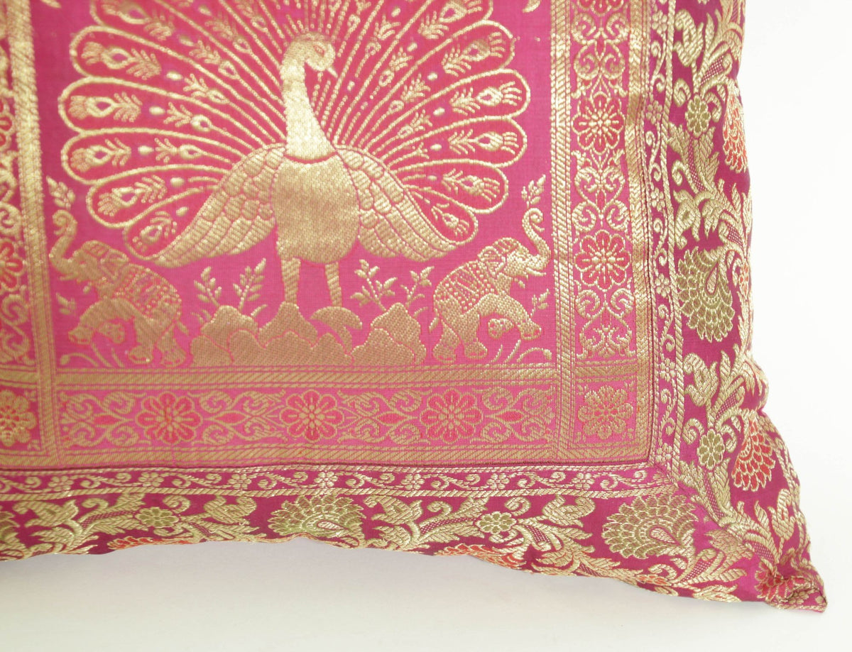 Hot Pink Silk Brocade Throw Pillow, Peacock Design, Indian Art, 1980