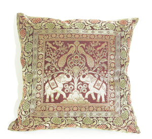 Silk Throw Pillow with Elephants and Peacocks India